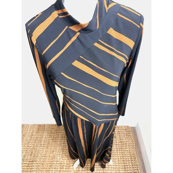 Taylor Women's Black and Rust Stripe Midi Dress Asymmetrical Hem High neck L - Picture 4 of 7